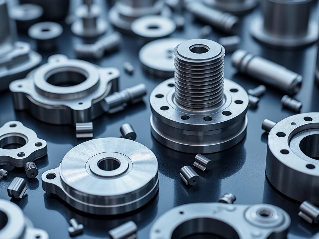 Componentes mecánicos de metal colocados sobre una superficie, incluyendo engranajes, cilindros y rodamientos.