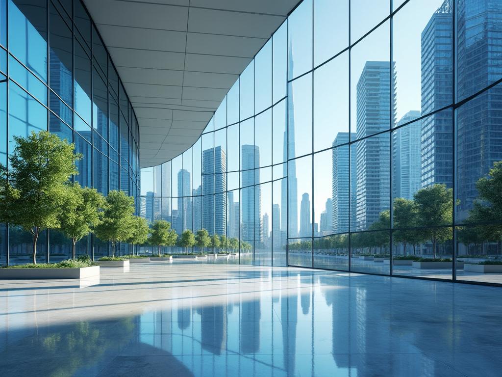 Interior moderno con grandes ventanales mostrando rascacielos y árboles.