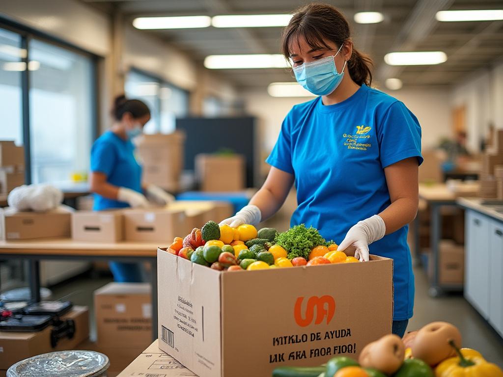 Voluntaria con mascarilla organiza caja de alimentos frescos en banco de alimentos.