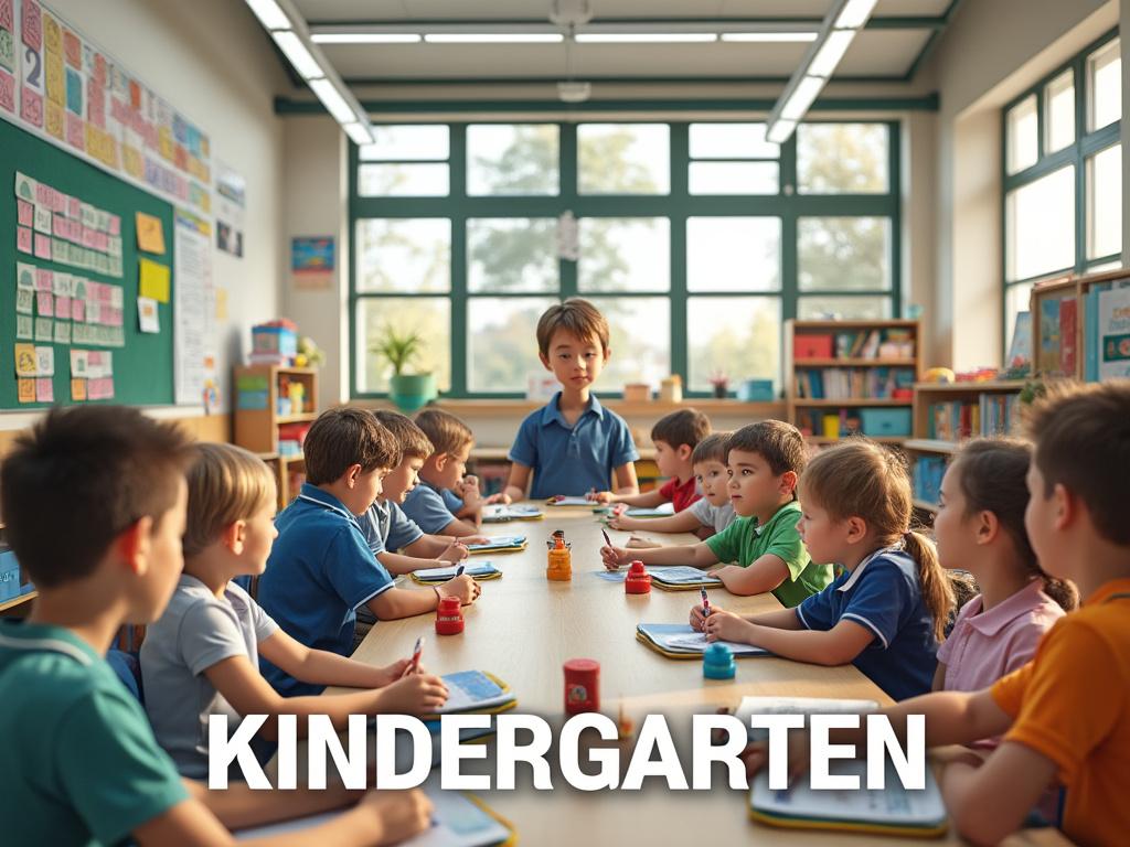 Niños en una clase de jardín de infancia trabajando en actividades de arte en grupo, rodeados de materiales de aprendizaje, con un maestro supervisando.
