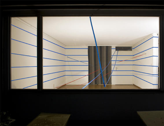 blue and red tape, laserprint behind glass, 80cm X 60 cm