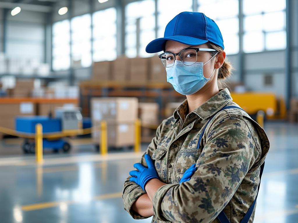 Persona con uniforme de camuflaje, gorra azul y mascarilla en un almacén.