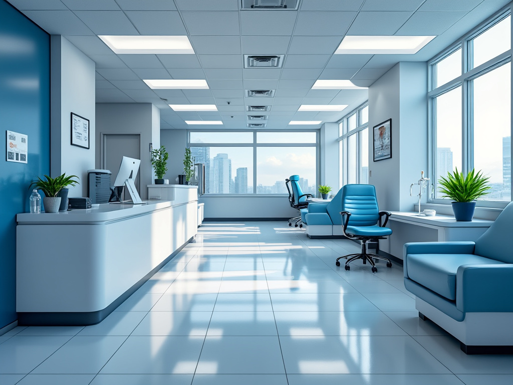 Oficina moderna con luz natural, muebles blancos y azules, plantas decorativas y vistas urbanas a través de grandes ventanales.