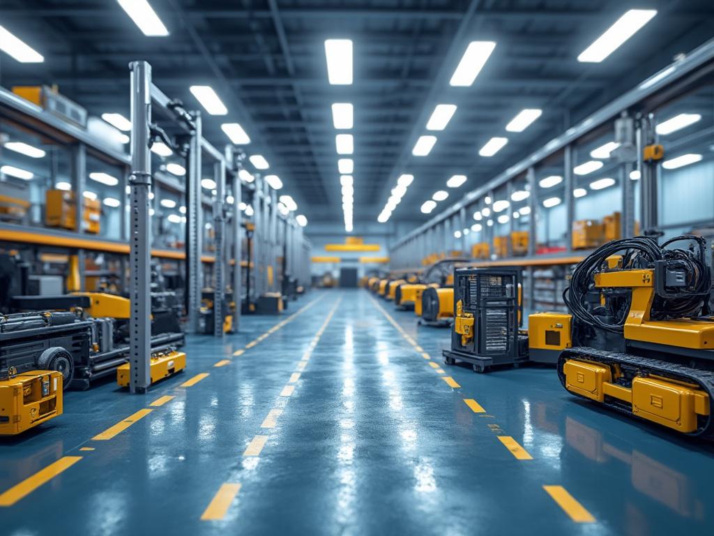 Interior de fábrica moderna con maquinaria industrial amarilla alineada en ambos lados.