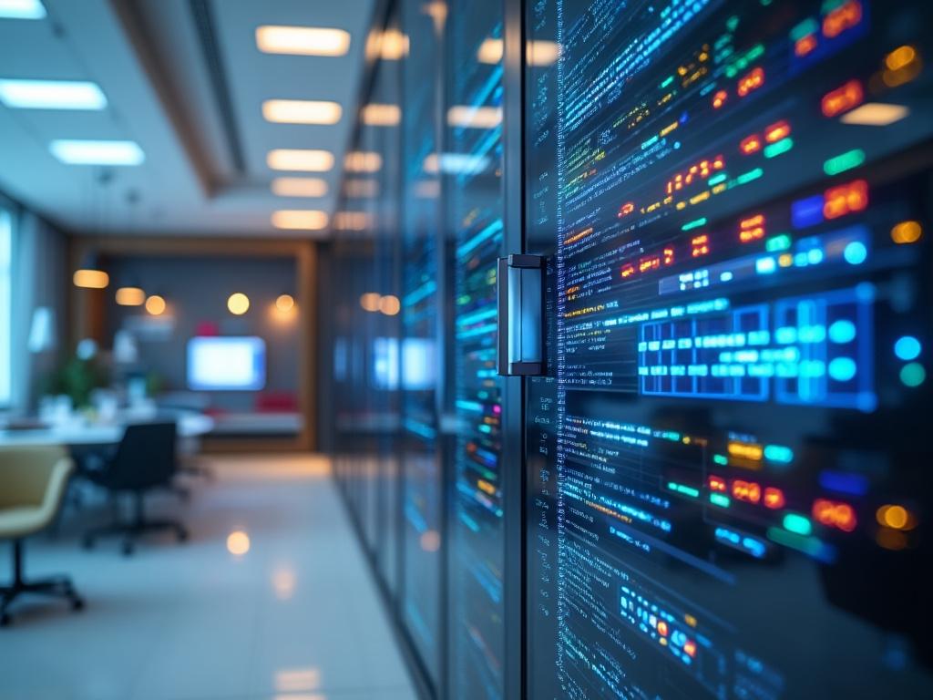 Sala de servidores moderna con pantallas luminosas mostrando datos digitales y mesas de trabajo en el fondo.