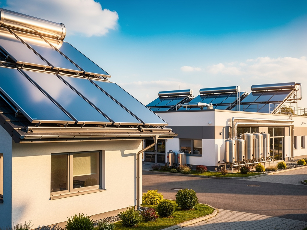 Paneles solares térmicos en tejados de edificios modernos con tanques industriales de energía renovable