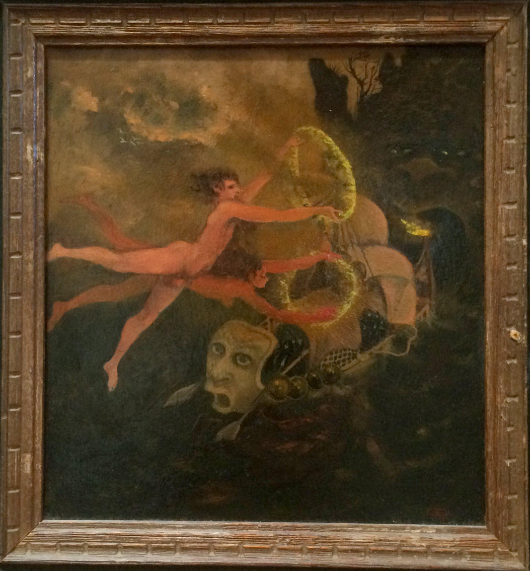 Title: Fairy Tale (Figures and Ship)
Oil painting on panel (8" x 8.5")
Artist: William Girard
Formerly collection of Allen Abramson
Photo courtesy of Ken Weikal, Fountain Hills, MI.
According to Abramson's notes, the ship is sailing into the mouth of Hades (visible on right side of image) while a brother and sister fly by holding rings of fire for self-protection. (AA Girard 142)