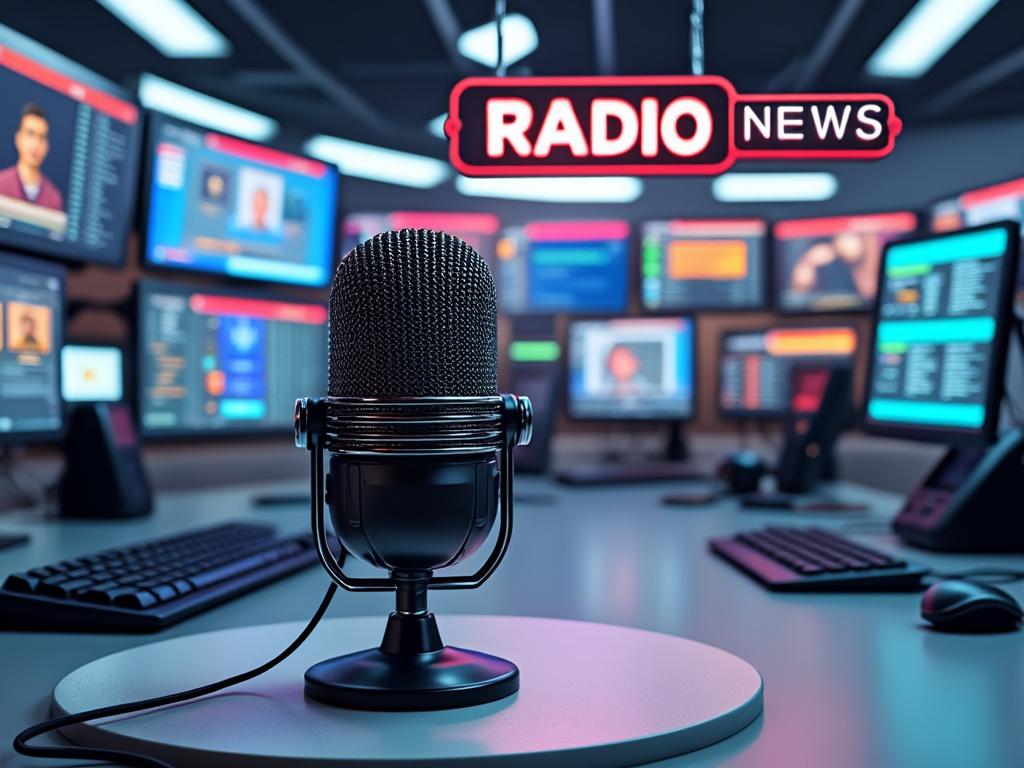 Radio news studio setup with microphone and multiple screens displaying content in the background.