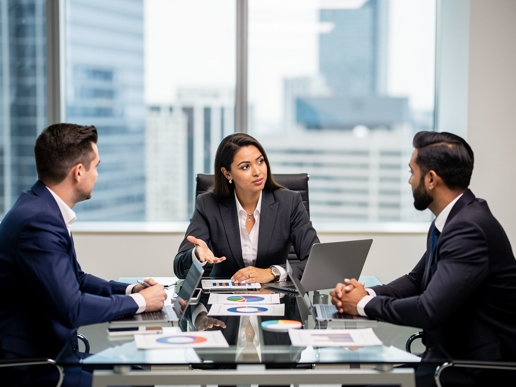 Reunión de negocios con ejecutivos analizando gráficos y portátiles en una oficina moderna