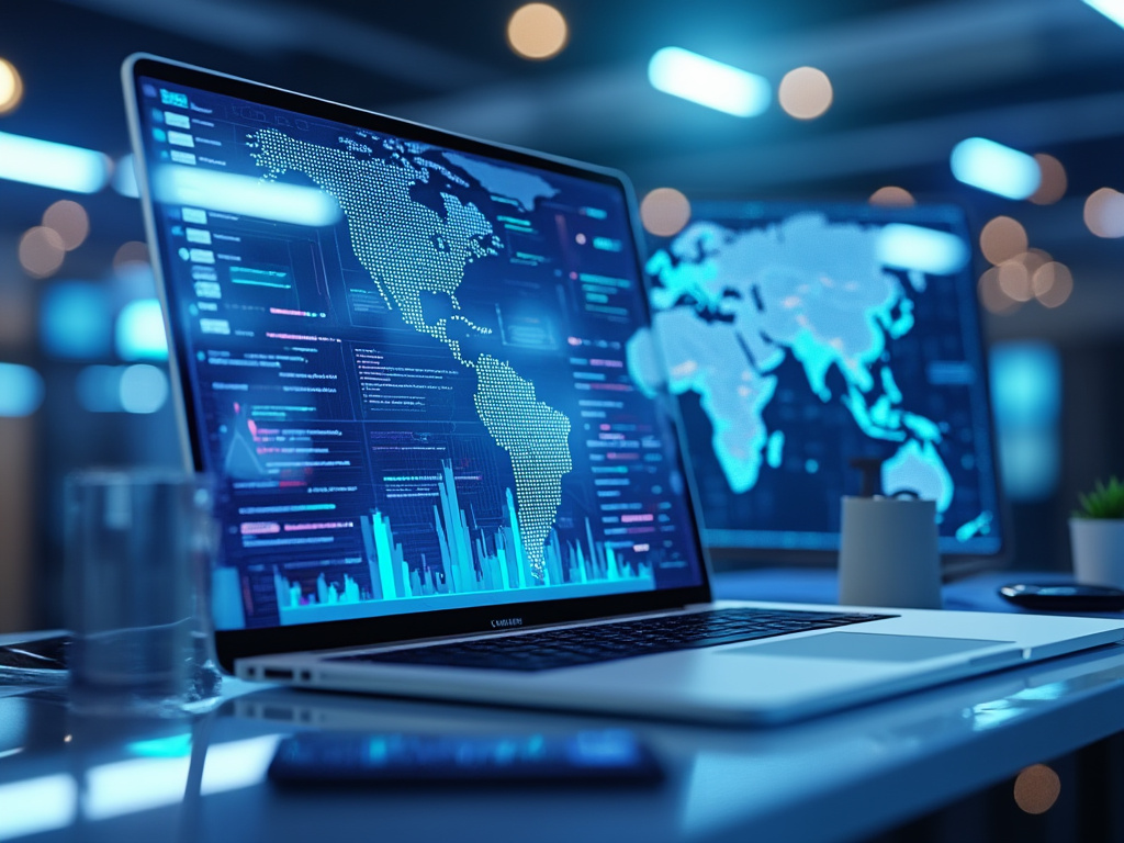 Open laptop on desk displaying digital world map and data analytics in tech office setting