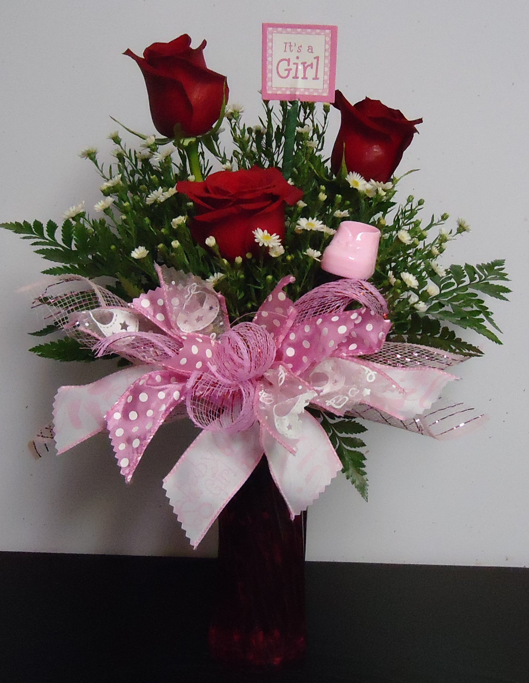 (2)  "IT'S A GIRL" 
"Fresh" Three Red Rose Vase
$35.00
(Available Also Baby Boy)