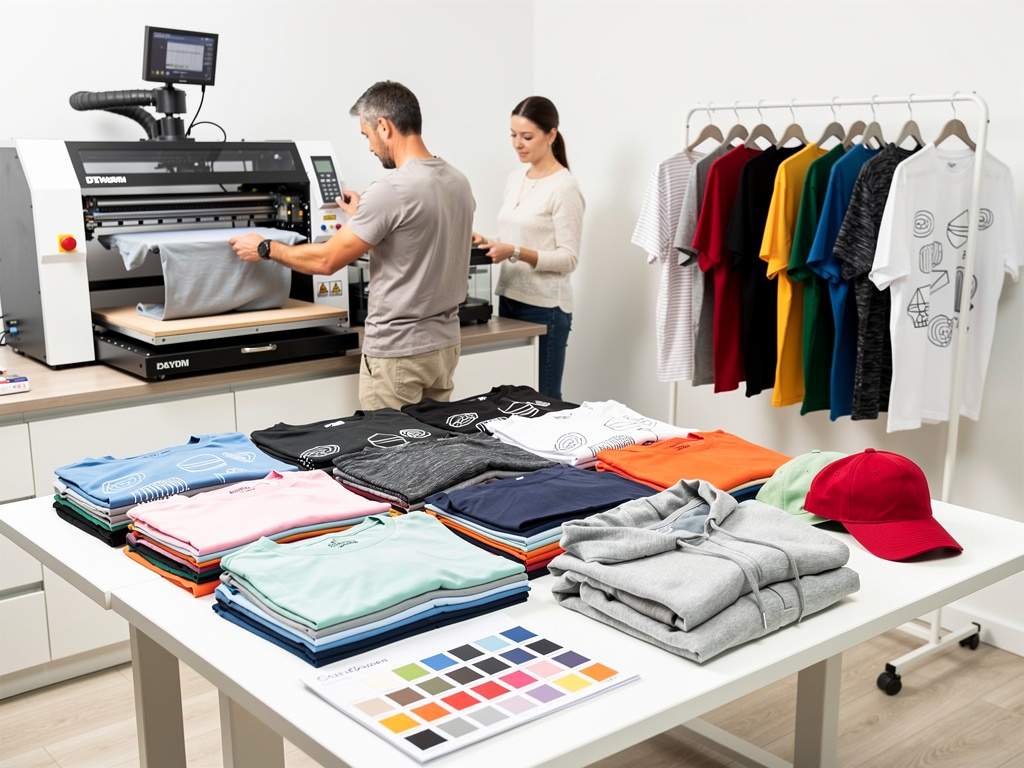 Custom apparel printing studio with heat press, workers, folded T-shirts, hoodies, caps, and color swatches