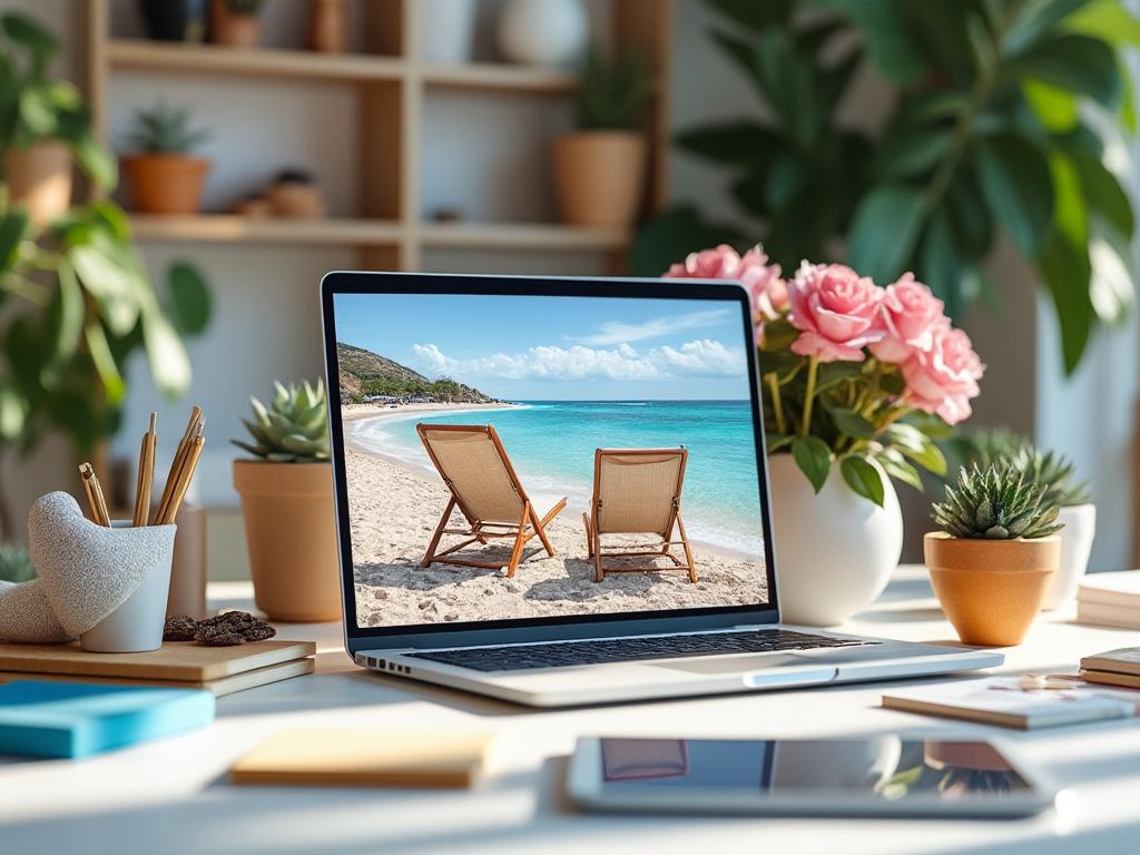 Ordenador portátil en escritorio con imagen de playa y sillas de playa en pantalla, rodeado de plantas y cuadernos.