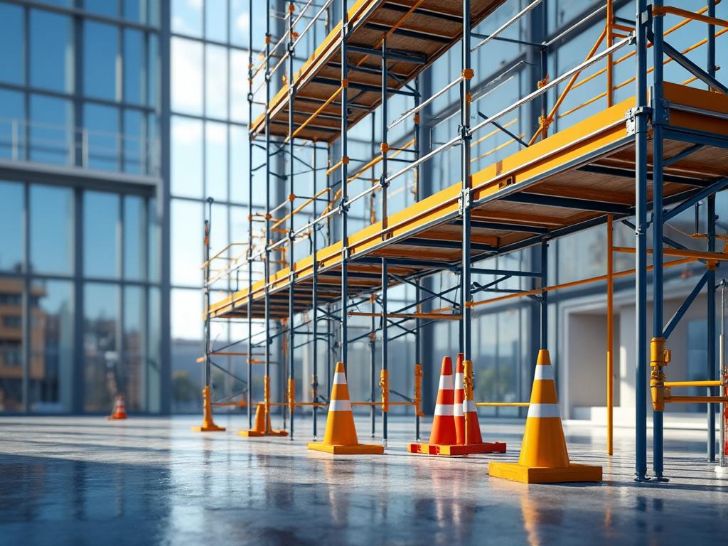 Andamios de construcción en un edificio interior con conos de seguridad naranjas.