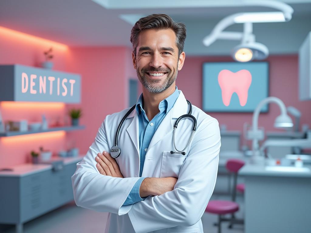 Dentista sonriente con bata blanca y estetoscopio en una clínica dental moderna, con iluminación rosa y símbolo de diente en el fondo.