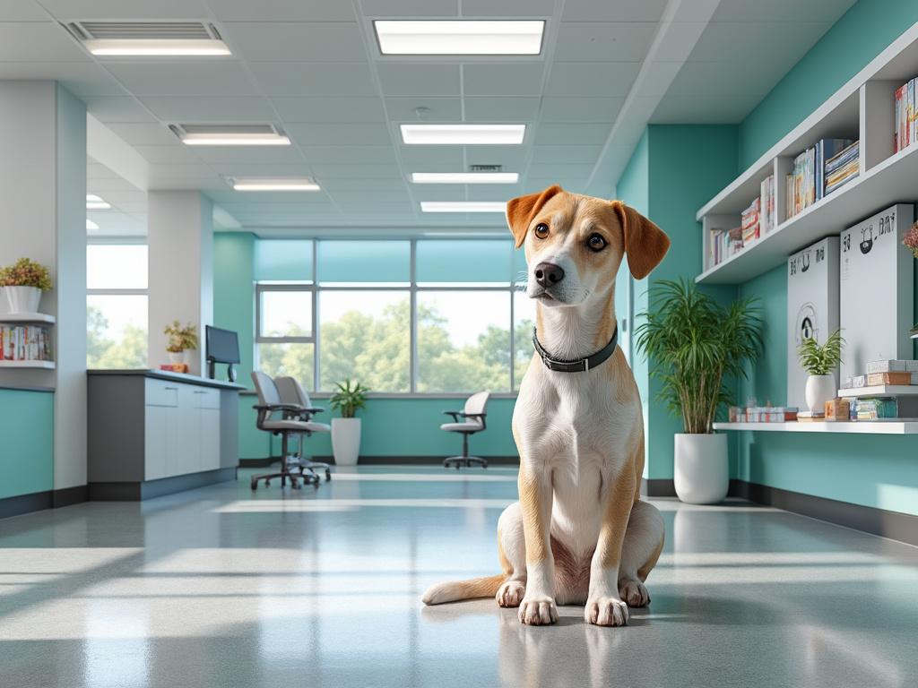 Perro sentado en una oficina moderna con paredes verdes y estantes llenos de libros.