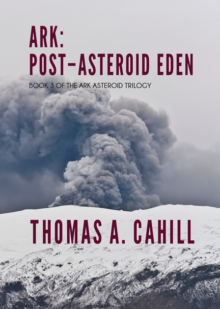 "Ark: Post-Asteroid Eden" book cover, showing a volcanic eruption