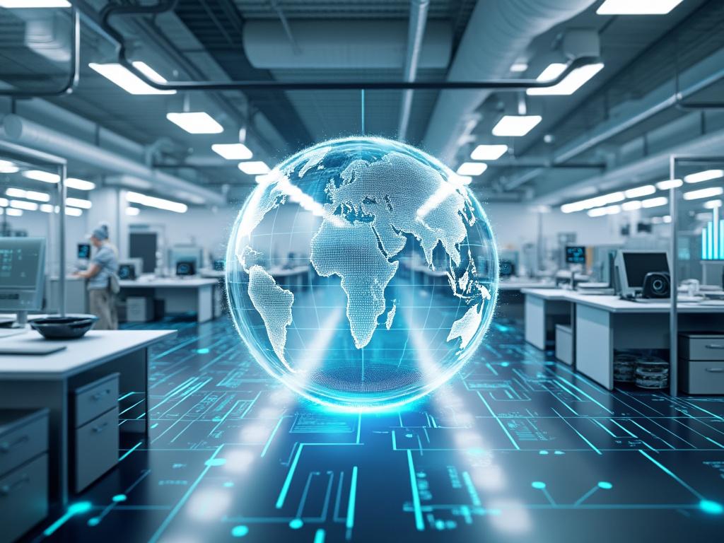 Oficina moderna con holograma de globo terráqueo y tecnología digital.