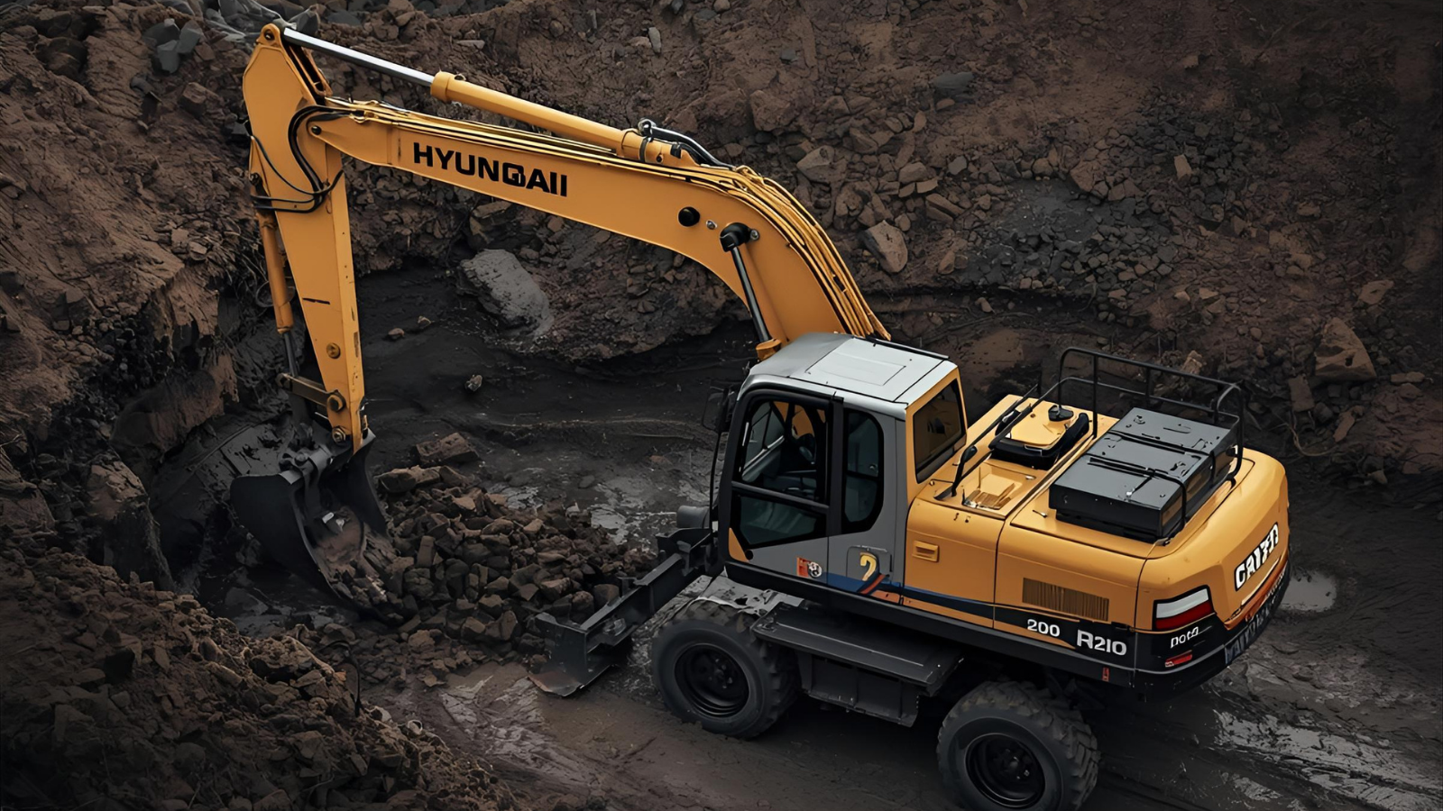 Excavadora amarilla grande trabajando en sitio de construcción con terreno pedregoso.