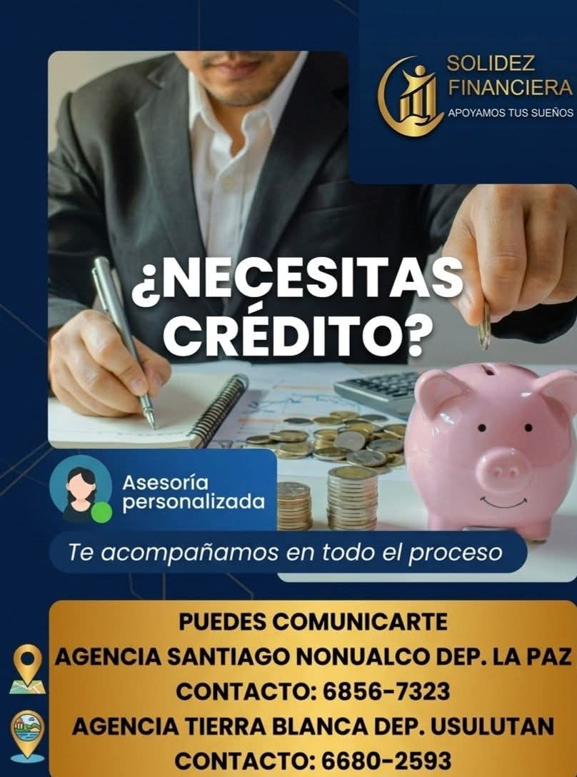 Anuncio de Solidez Financiera para crédito con asesoría personalizada, ejecutivo, monedas y alcancía