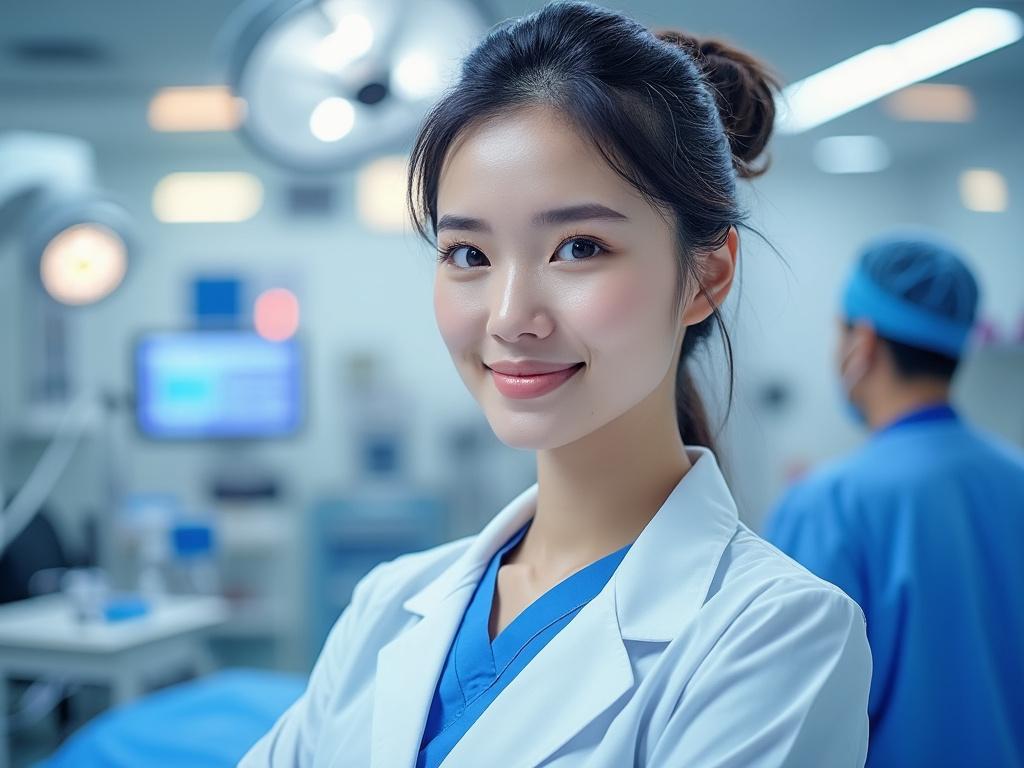 Doctora joven sonriente con bata blanca en un entorno hospitalario.