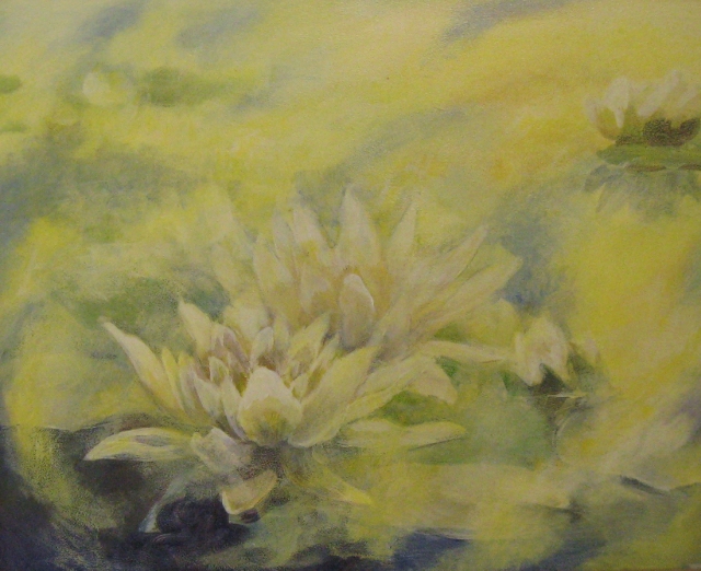 Pastuchiv, Lilies on Blue and Gold, 12 x 15 Acrylic