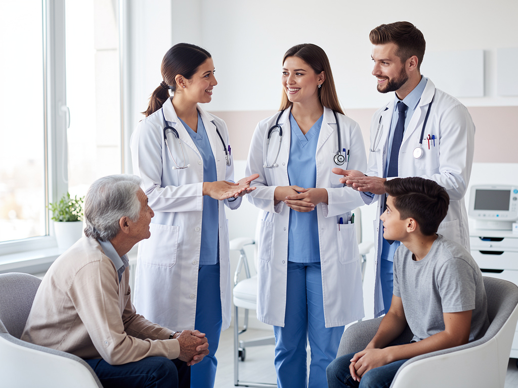 Equipo de médicos conversando con paciente mayor y adolescente en consulta médica moderna