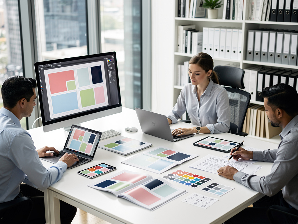 Equipo de diseño gráfico trabajando en oficina moderna con paletas de colores, pantallas y materiales de branding