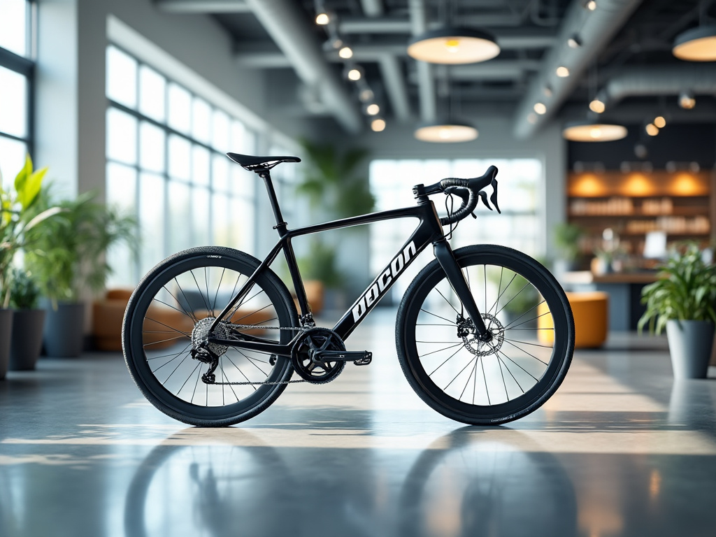 Bicicleta de carretera negra en un moderno salón iluminado con plantas y mobiliario.