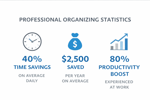 Infographic showing professional organizer benefits with time and cost savings stats