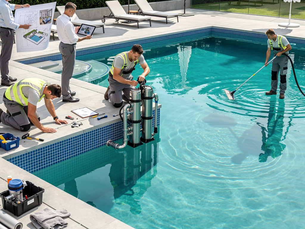 Técnicos instalando y limpiando sistema de filtración en piscina residencial moderna
