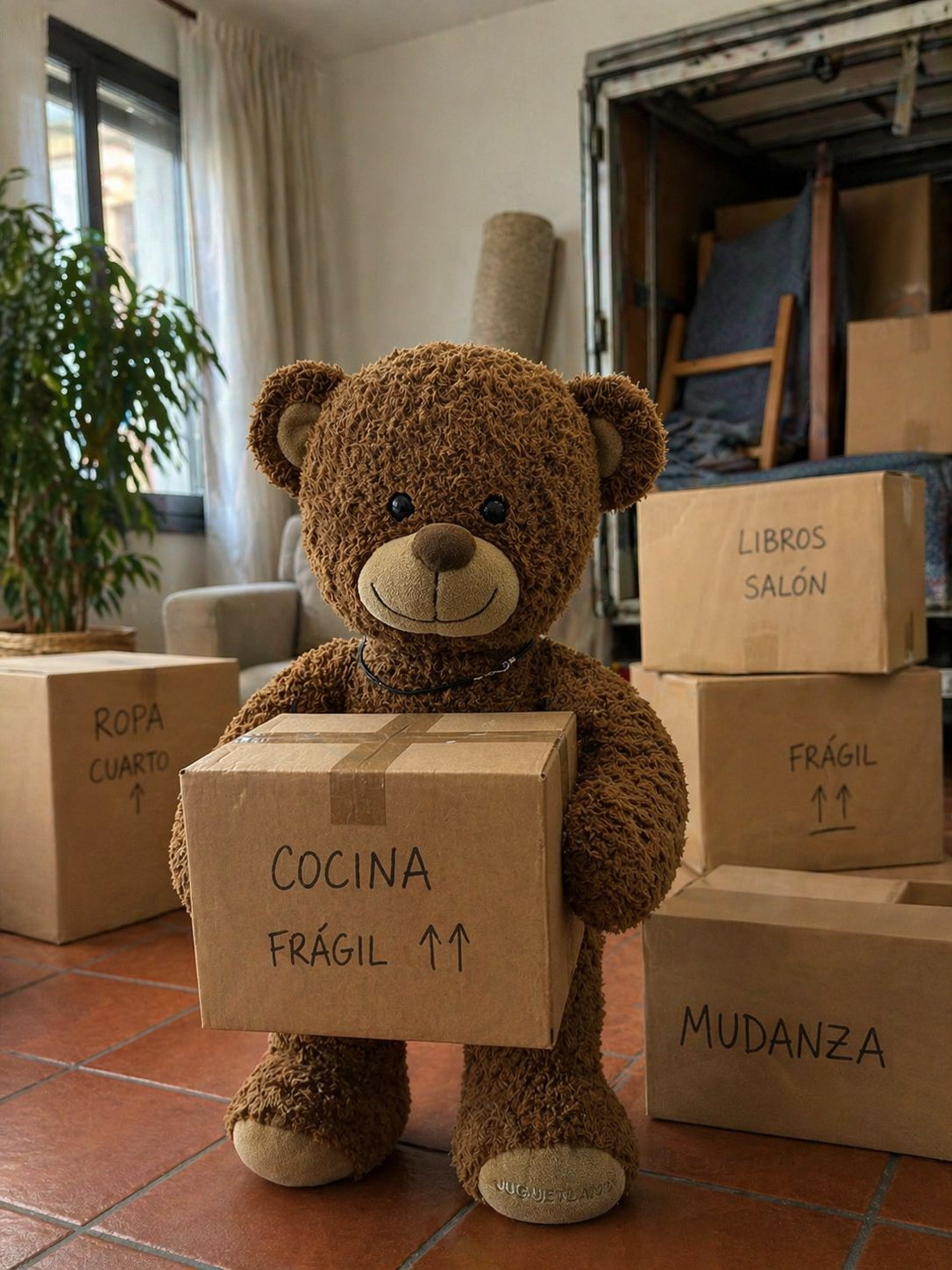 A teddy bear holding a cardboard box labeled 'Cocina Frágil' surrounded by other moving boxes in a room with large windows and a plant.
