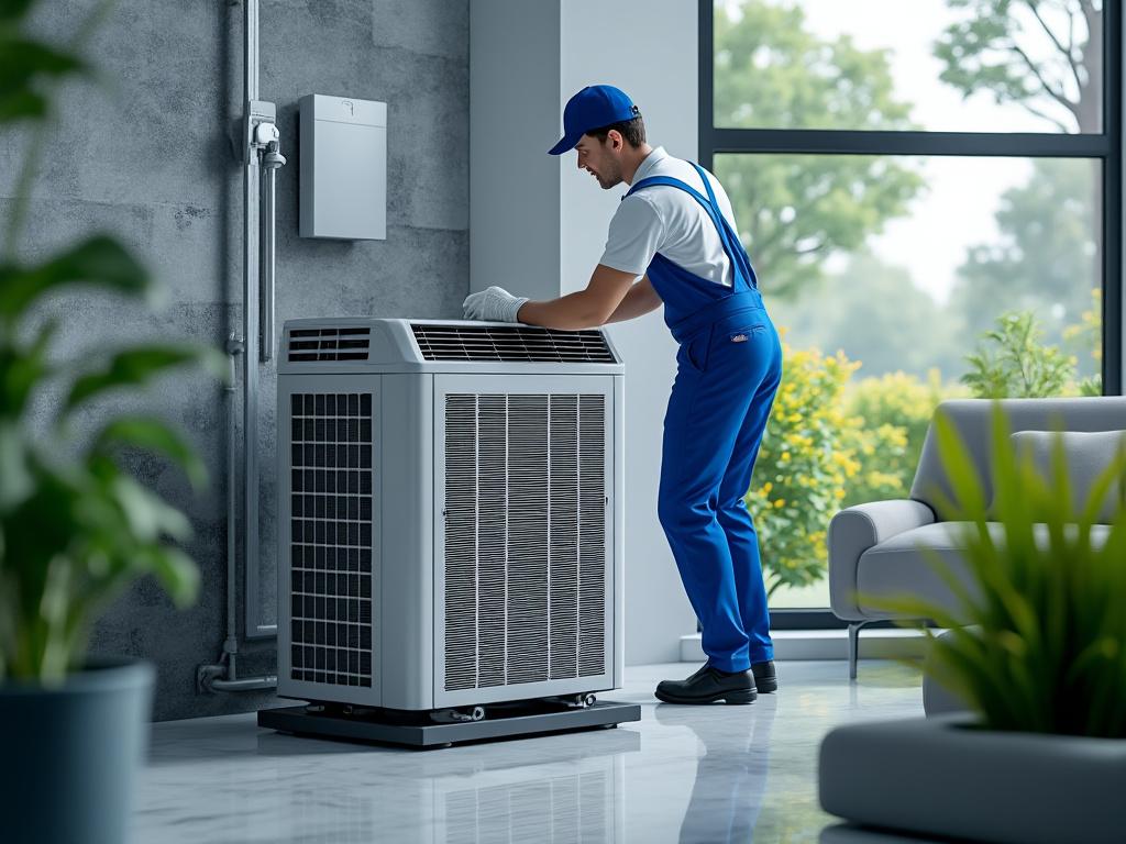 Técnico de mantenimiento revisando una unidad de aire acondicionado en una habitación moderna con plantas y grandes ventanales.