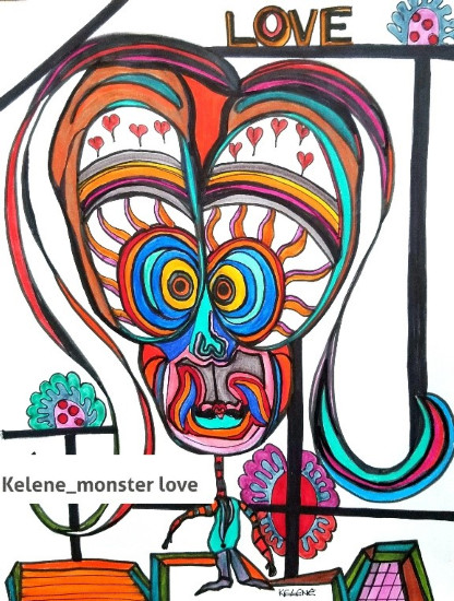 Title: Love. 10 x 12 pen and pencil on paper. Framed. Artwork by Kelene monster love.