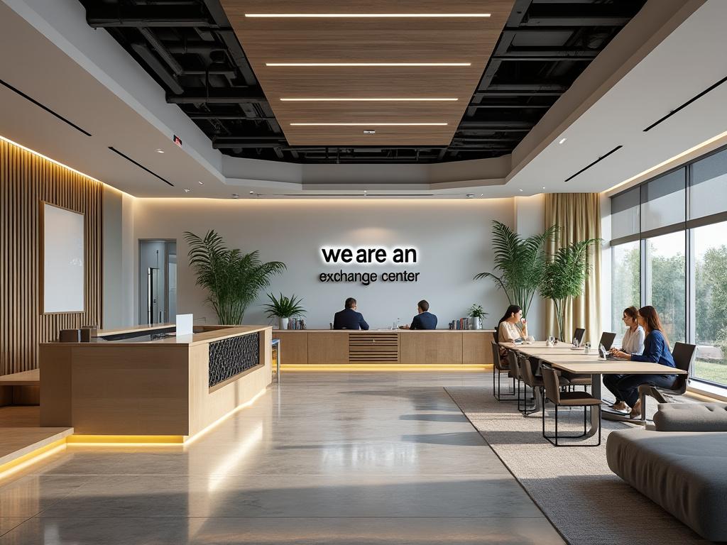 Oficina moderna con decoración minimalista, mesa de trabajo con personas y cartel que dice 'we are an exchange center'.