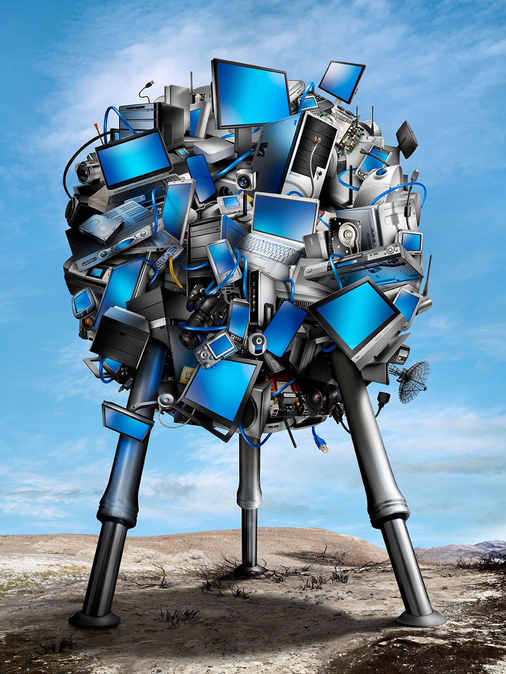 Photomontage of spaceship composed of a multitude of computer and electronic equipment, in a desolate landscape.