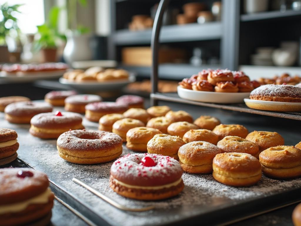 Variedad de donas decoradas con azúcar glass y crema en una panadería acogedora con estantes llenos de deliciosos pasteles.
