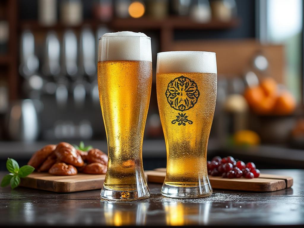 Dos copas de cerveza artesanal en la barra, acompañadas de pretzels y uvas rojas en tablas de madera.