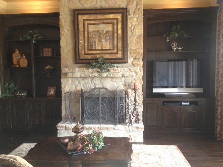 Left Side is a 6 foot wide x 10 foot high Bookshelf
 Custom Cabinet and the right side is a 6 foot
 wide x 10 foot high bookshelf/big screen TV
 Custom Cabinet. The color is a Bistro Walnut on Alder Wood.
Below are detail pictures of this beautiful Custom Cabinet.