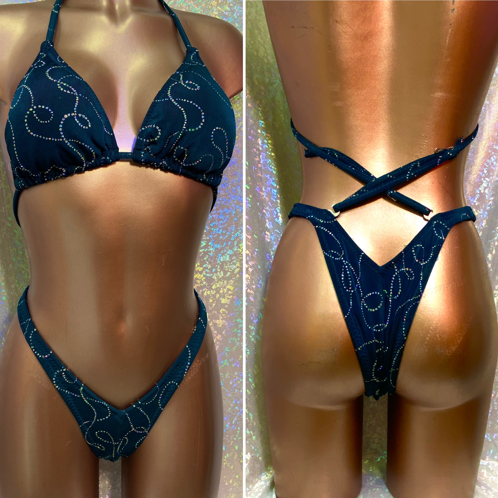 P9004  $45
D slim top
small front
xxsmall back 
teal glitter slinky scroll