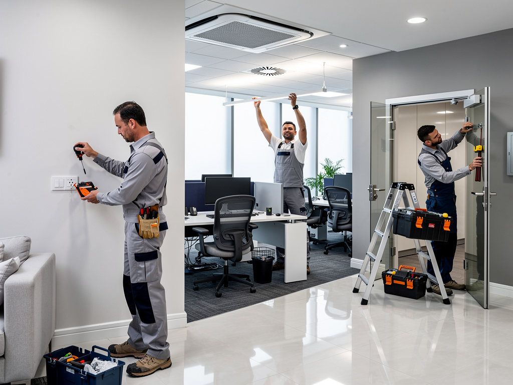 Técnicos de mantenimiento instalando sistemas eléctricos, aire acondicionado e iluminación en una oficina moderna