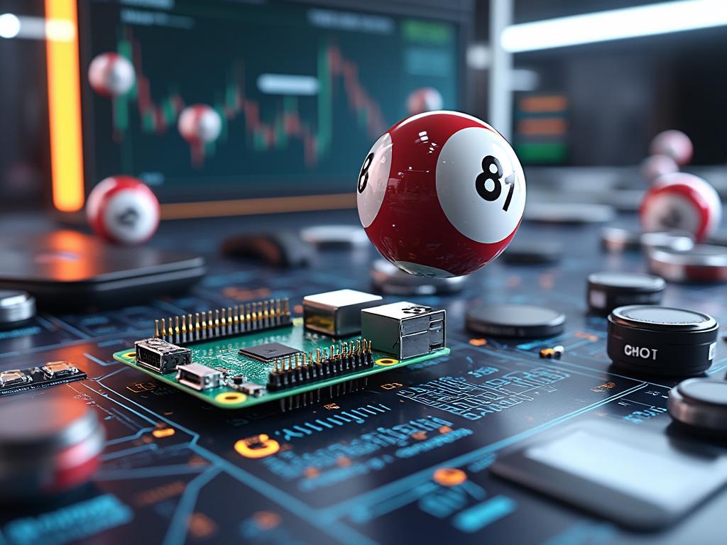 Close-up of a microchip and circuit board with lottery balls, stock market chart in background.
