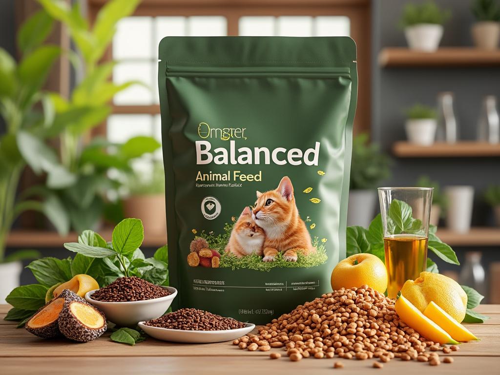 Alimento balanceado para animales en bolsa verde, rodeado de ingredientes naturales como naranjas, granos y vegetales, en ambiente de cocina.