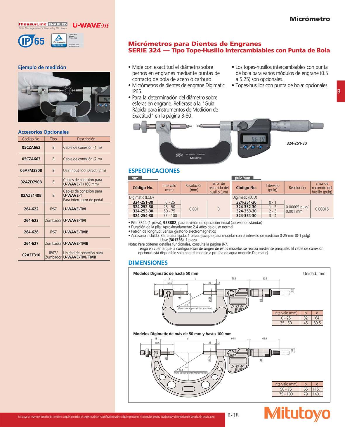 Micrómetros para dientes de engranes Tipo tope-husillo intercambiables con punta bola