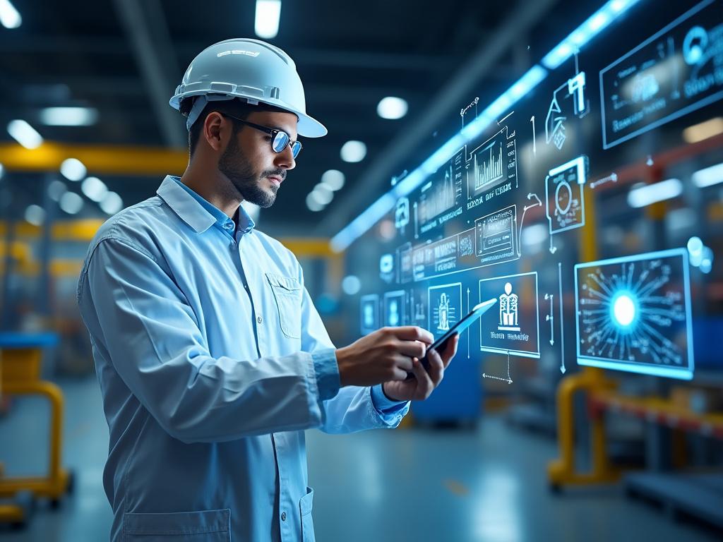 Ingeniero con casco blanco usando una tableta en una fábrica moderna con gráficos holográficos en el aire.