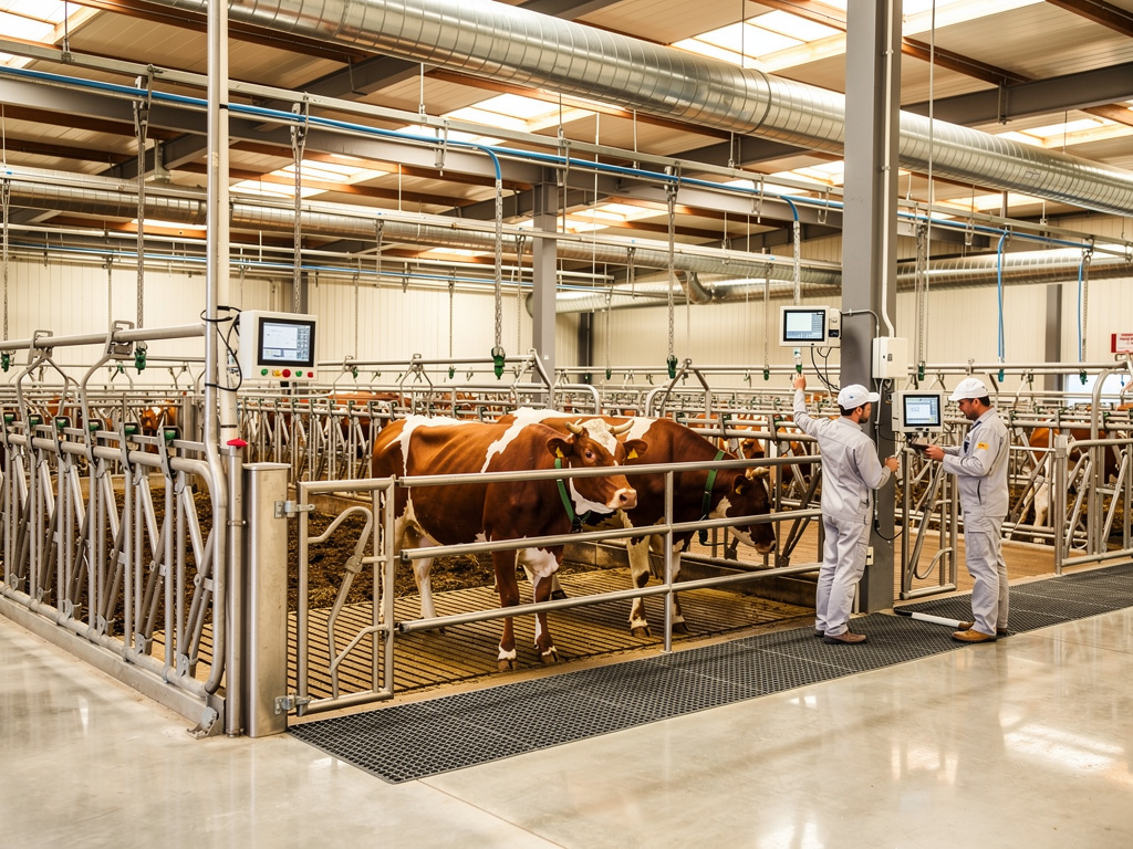 Técnicos supervisando vacas en establo lechero moderno con sistemas automatizados y equipos de monitoreo