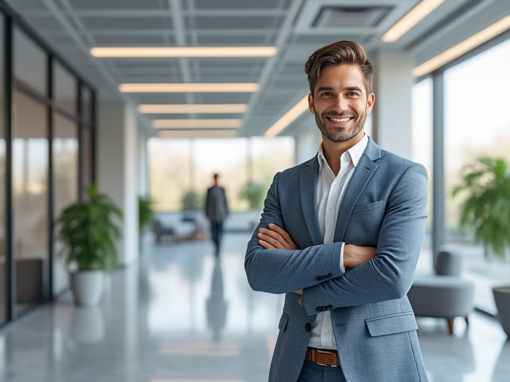 Hombre joven sonriendo en un moderno espacio de oficina, con traje azul y plantas decorativas en el fondo.