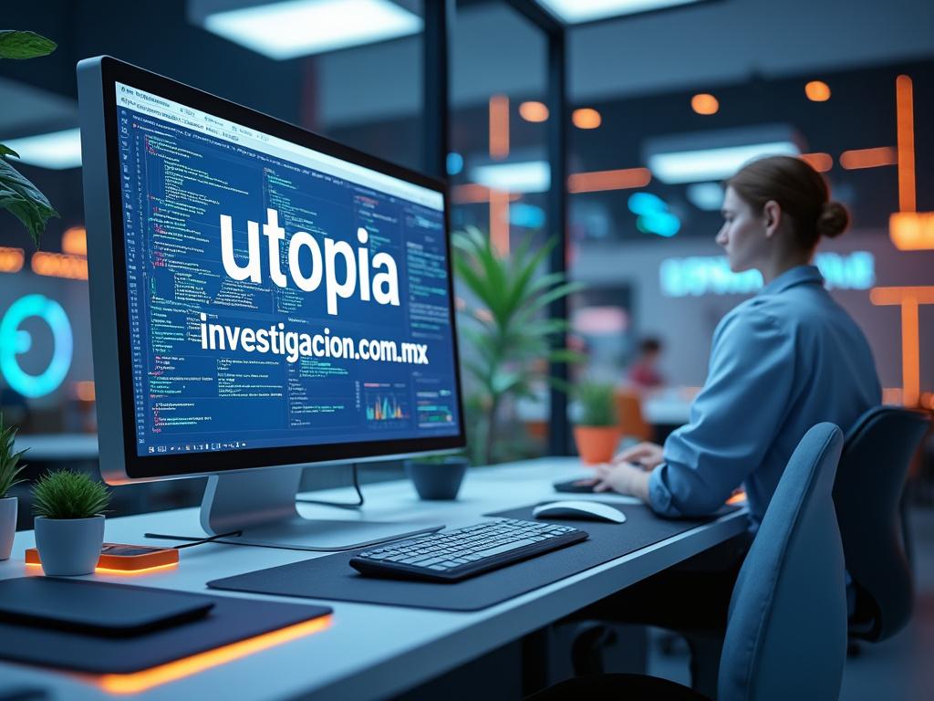 Mujer trabajando en una oficina moderna con un monitor que muestra código y las palabras 'utopia, investigacion.com.mx', decorado con plantas y luces LED naranjas.
