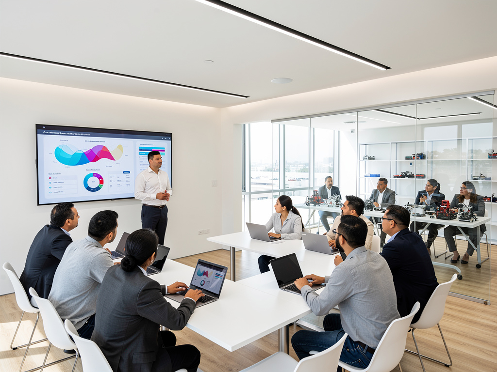Equipo de profesionales en sala de reuniones moderna analizando gráficos de datos en pantalla durante una presentación corporativa