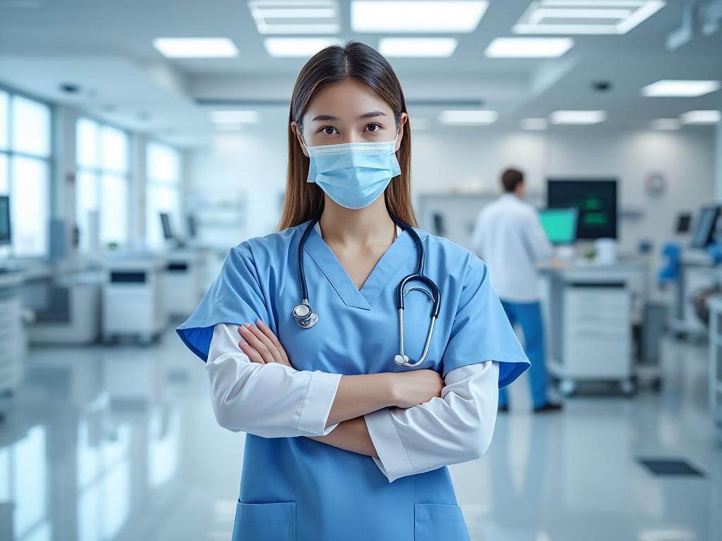 Female nurse wearing a surgical mask and scrubs with a stethoscope in a modern hospital setting.